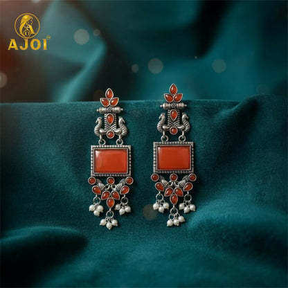 Elegant Red Stone Oxidised Silver Earrings with Pearl Danglers | Ethnic Statement Jewelry
