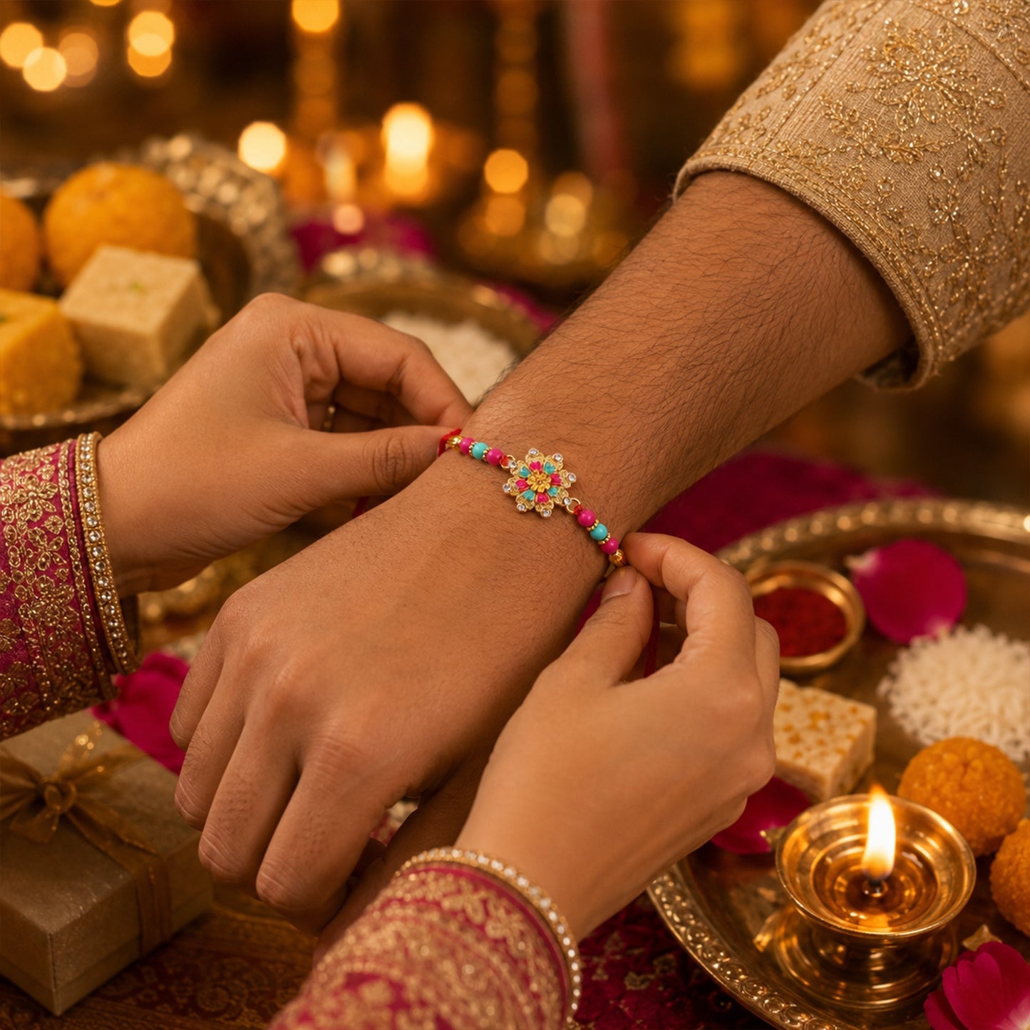 Close-up of decorative beads on Pink Floral Mandala Rakhi