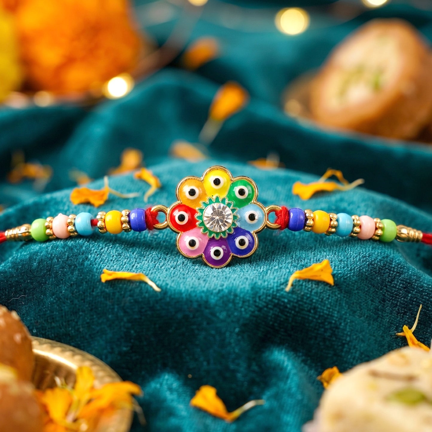 Soft thread rakhi with evil eye flower centerpiece