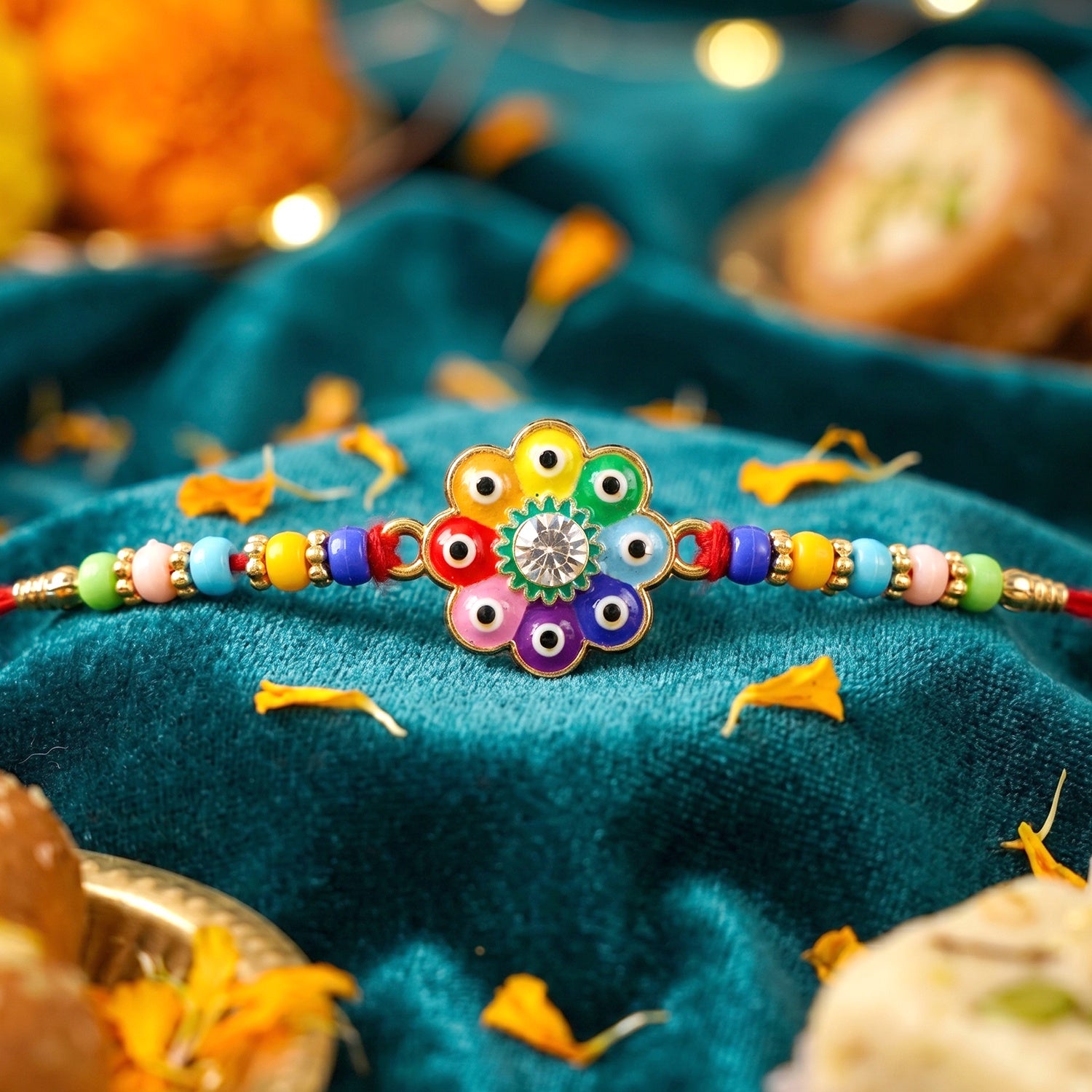 Soft thread rakhi with evil eye flower centerpiece