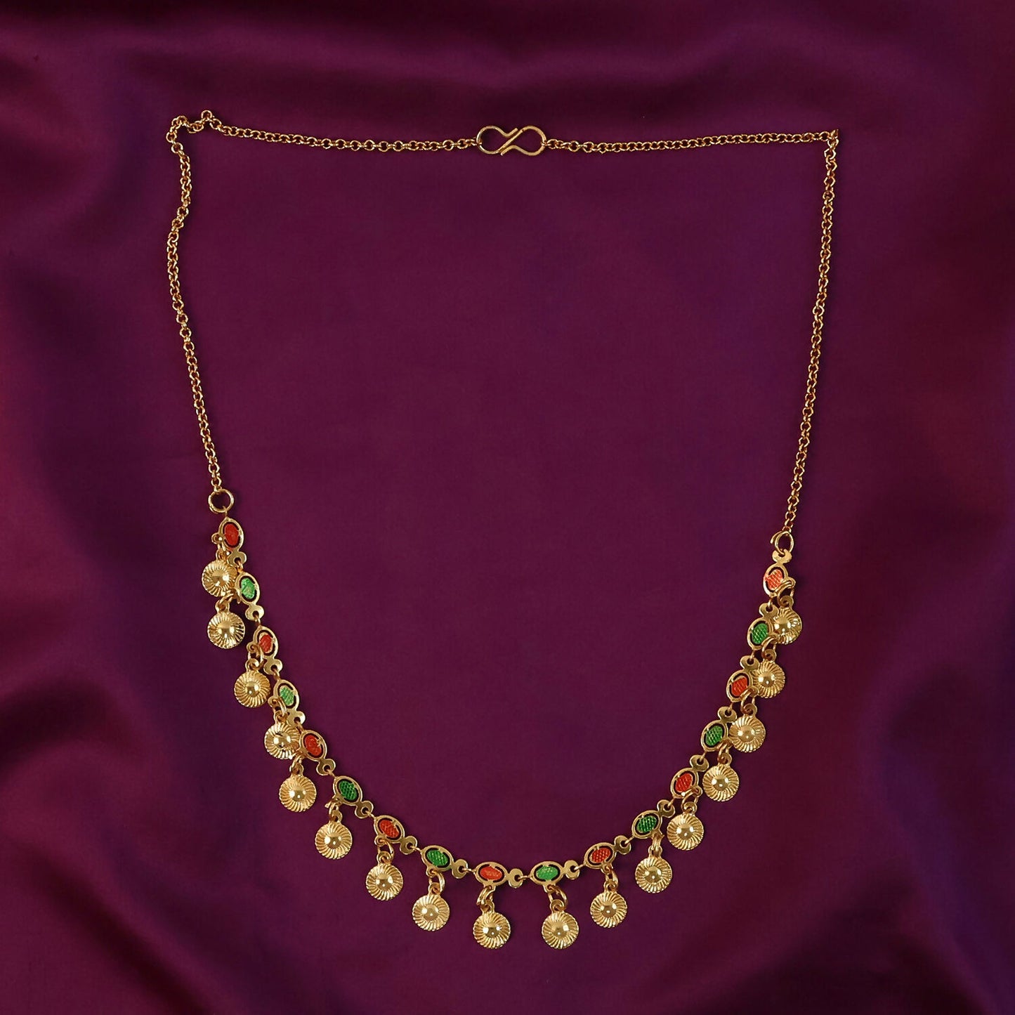 Traditional Gold Charm Necklace with Multicolor Stone Drops