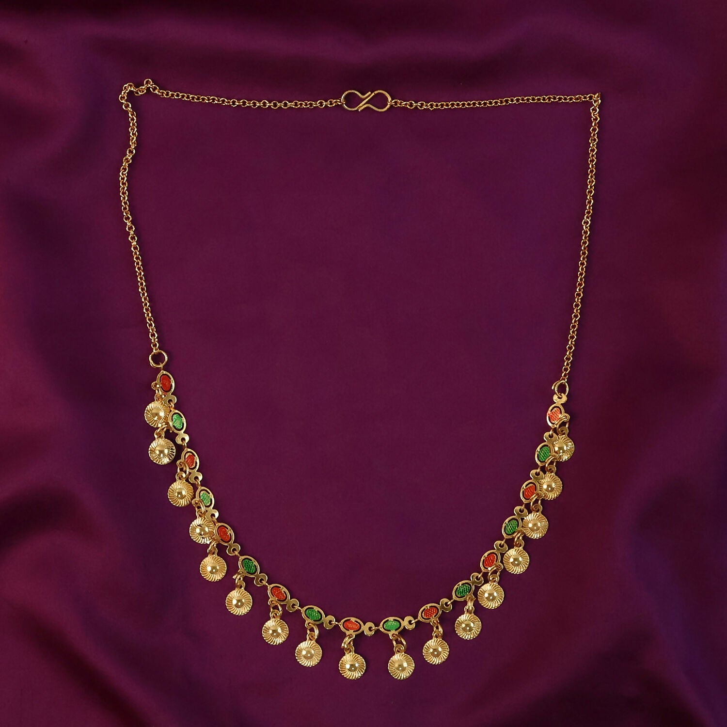 Traditional Gold Charm Necklace with Multicolor Stone Drops