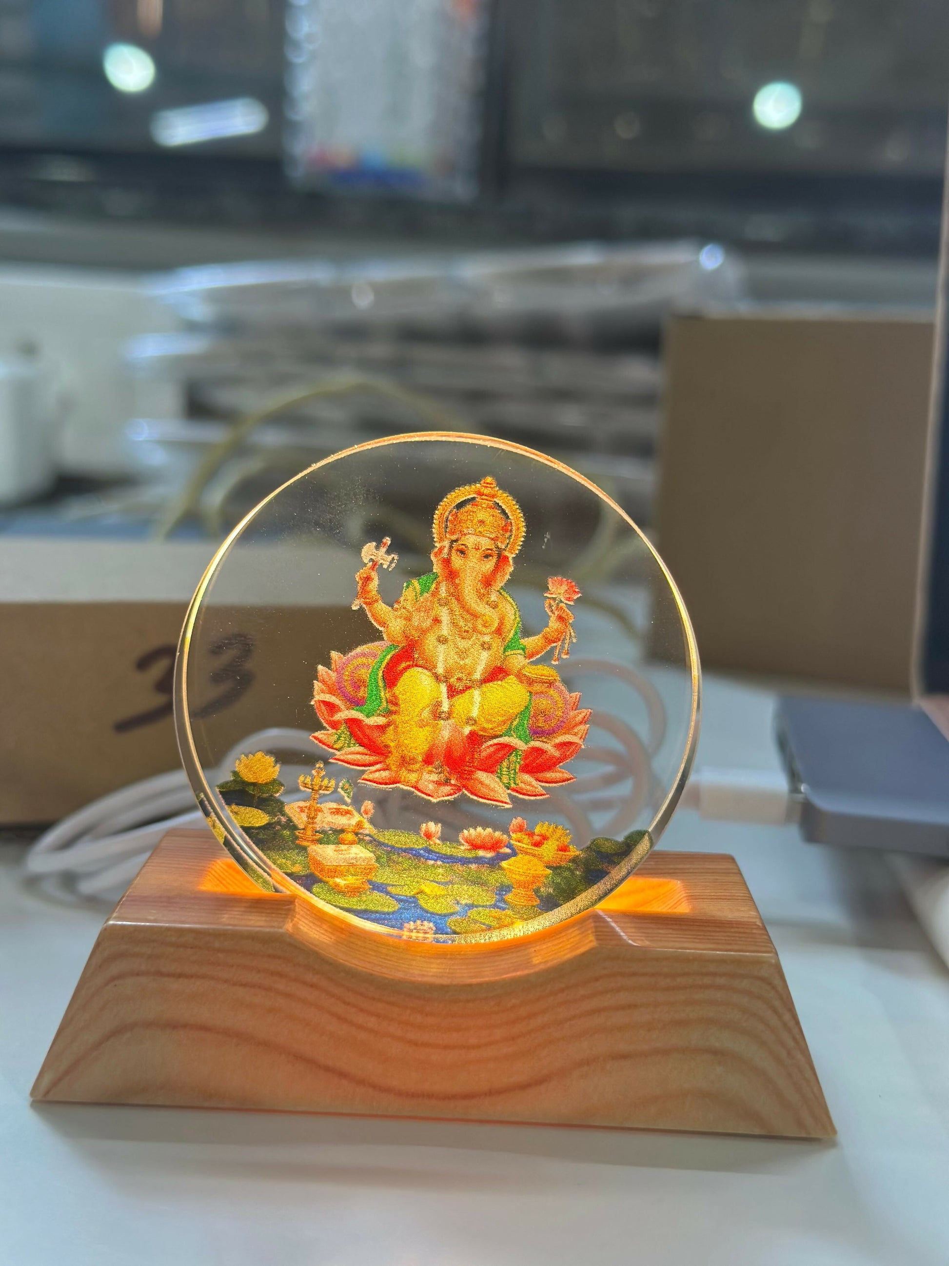Lord Ganesha Acrylic LED Lamp with Wooden Base | Devotional Night Light