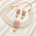 Pastel Pink Pearl Choker Necklace Set with Crystal Stud Earrings for Women
