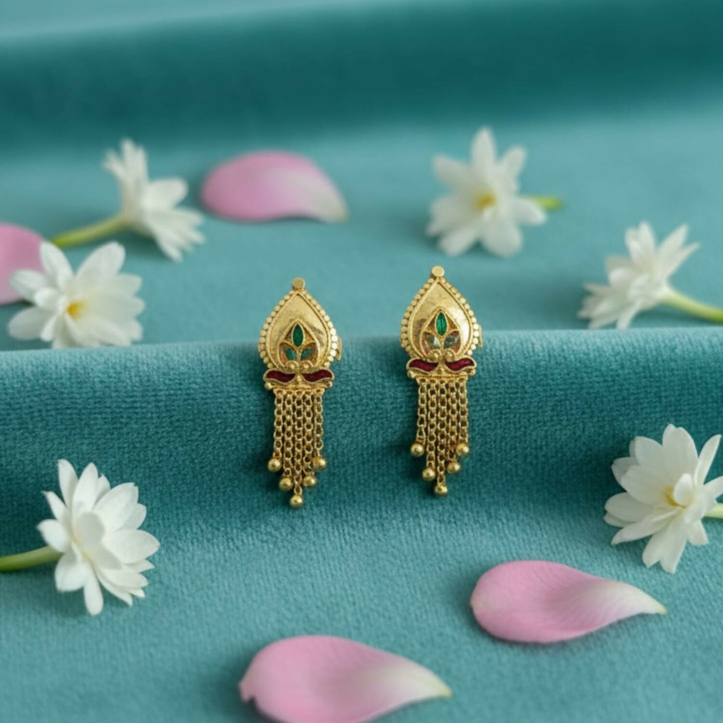 5 Line Golden Earrings with intricate filigree and blue-green enamel accents