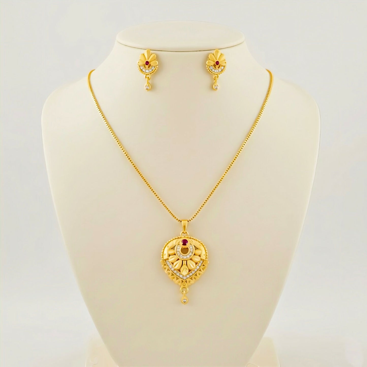 Gold Plated Floral Heart Pendant Necklace and Earring Set with Ruby & White Stone Accents