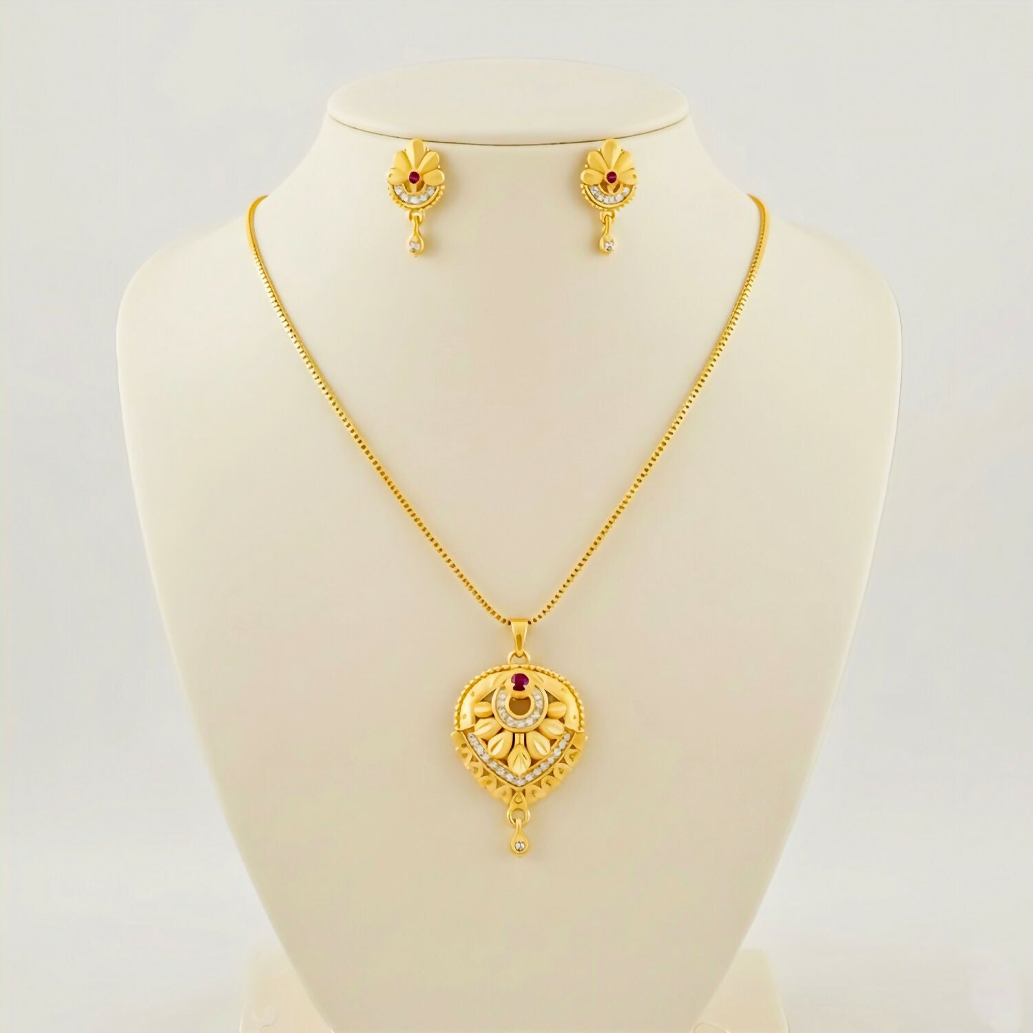 Gold Plated Floral Heart Pendant Necklace and Earring Set with Ruby & White Stone Accents