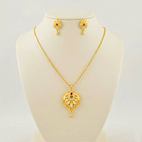 Gold Plated Floral Heart Pendant Necklace and Earring Set with Ruby & White Stone Accents