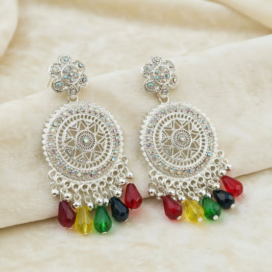 Silver-Tone Oxidized Bohemian Mandala Drop Earrings with Multi-Color Crystal Beads