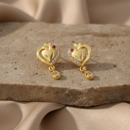 Heart Shaped Gold Finish Earrings With Crystal Border And Delicate Hanging Drop