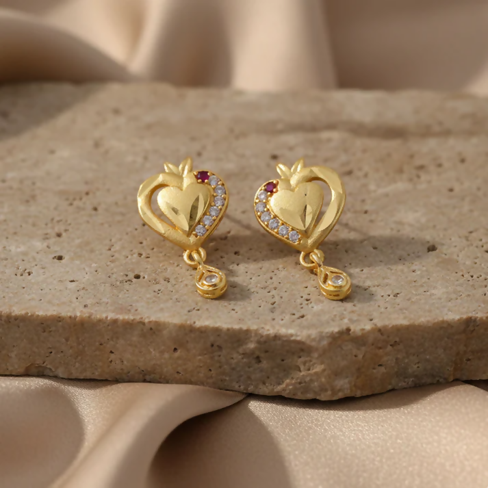 Heart Shaped Gold Finish Earrings With Crystal Border And Delicate Hanging Drop