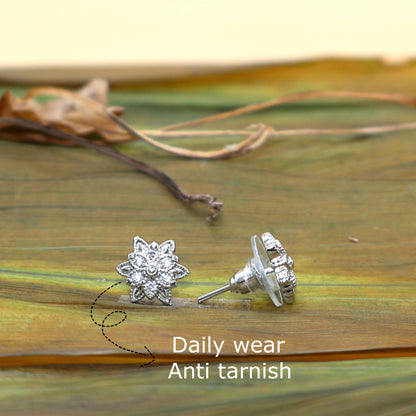 Diamond Cluster Flower Stud Earrings Sterling Silver Dainty Minimalist