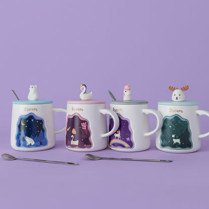 Dream Theme Ceramic Mug with Cute Animal Lid & Spoon for Tea, Coffee & Gifting(Design may vary!)