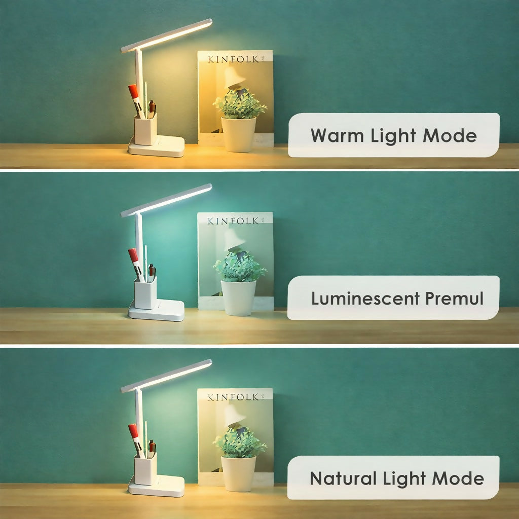 White LED Study Table Lamp with Pen Holder, Touch Control & 3 Light Modes