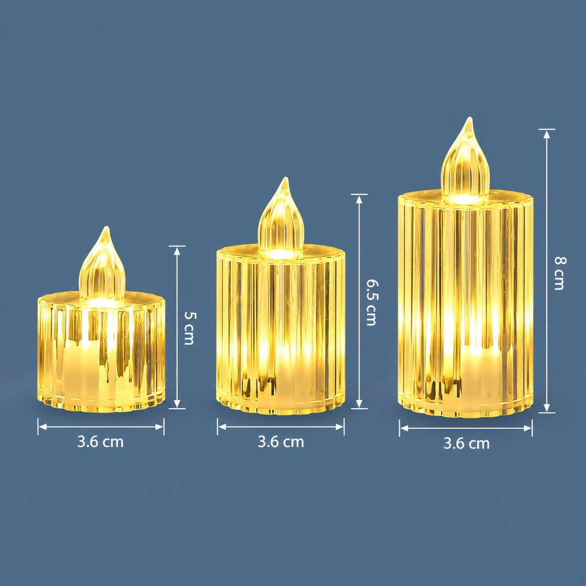 Three clear crystal-look LED candles with their dimensions displayed against a solid blue background.