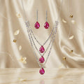 Pink Teardrop Crystal Layered Necklace & Earrings Set Silver Bridal Party Jewellery
