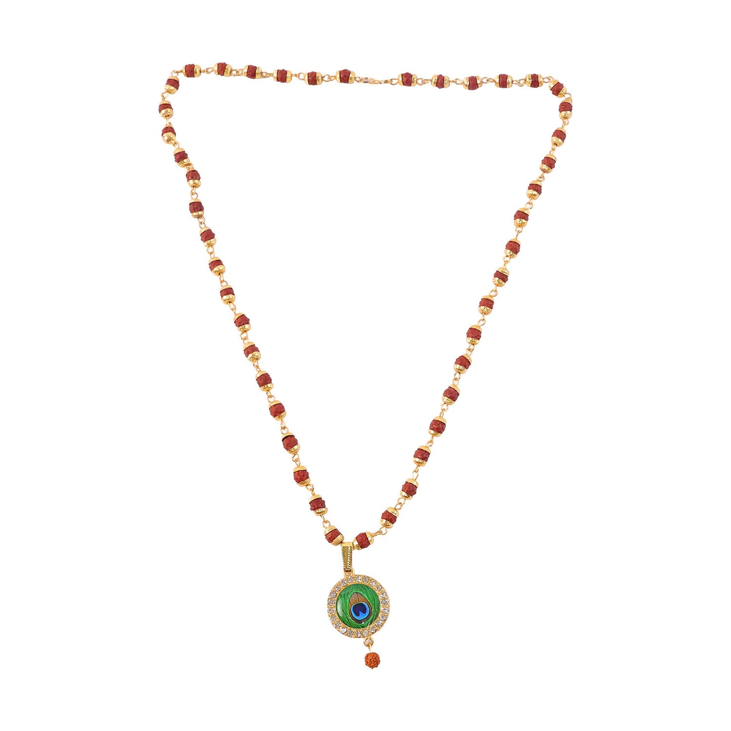 Morpich Feather Gold Plated Pendant & Rudraksha Mala
