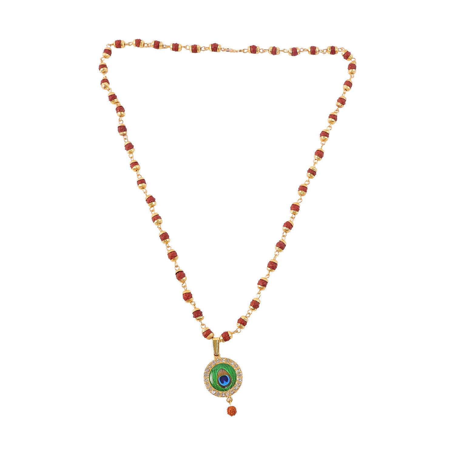 Morpich Feather Gold Plated Pendant & Rudraksha Mala