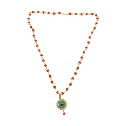 Morpich Feather Gold Plated Pendant & Rudraksha Mala