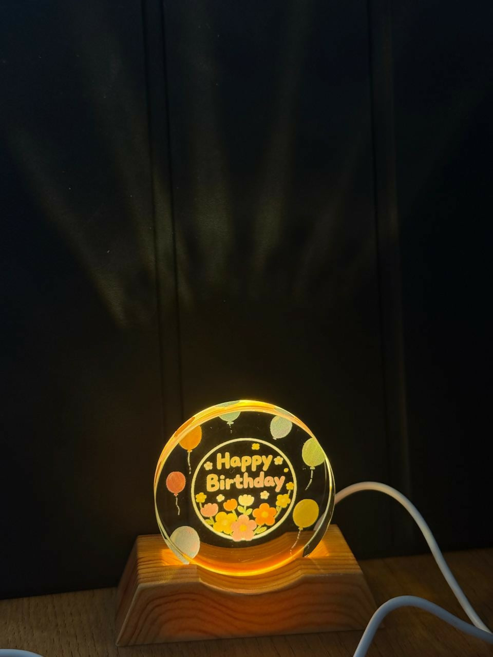 Happy Birthday Acrylic LED Lamp with Wooden Base Balloon Floral Design