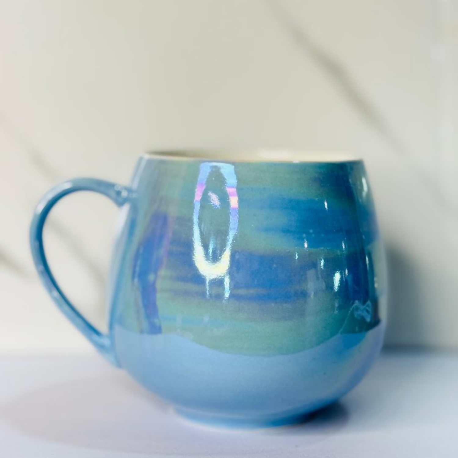Glossy Blue Ceramic Mug – Cute Cartoon Character Print – 350 ml Coffee & Tea Cup – Iridescent Gradient Finish – Perfect Gift for Kids & Adults