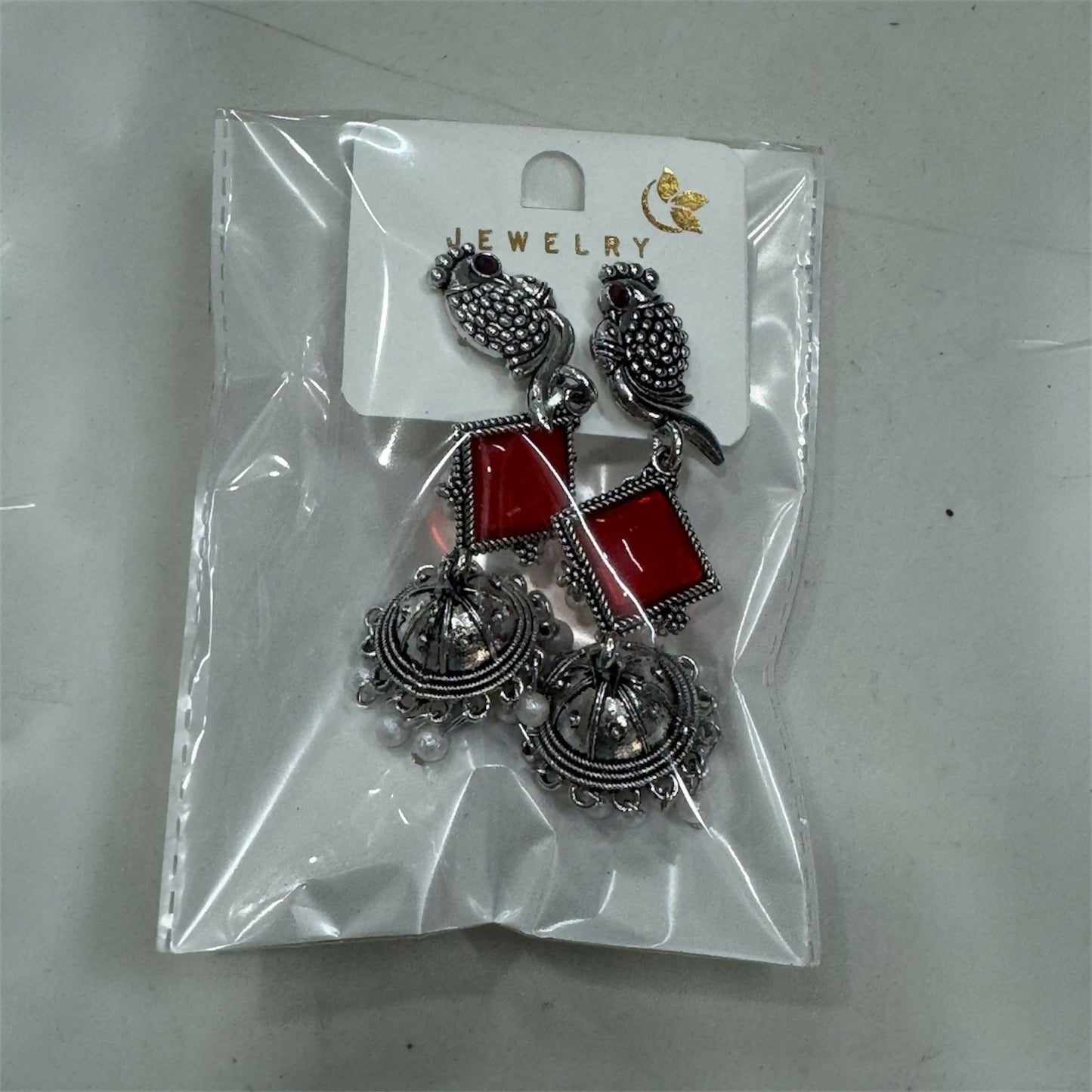 Oxidised Silver Red Stone Parrot Design Jhumka Earrings for Women & Girls