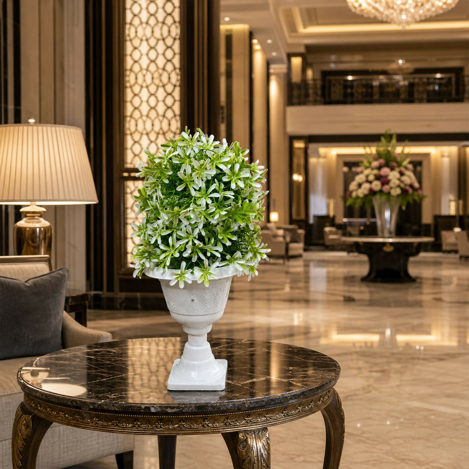 Artificial Green White Flower Ball Topiary Plant in White Pedestal Pot Home Decor