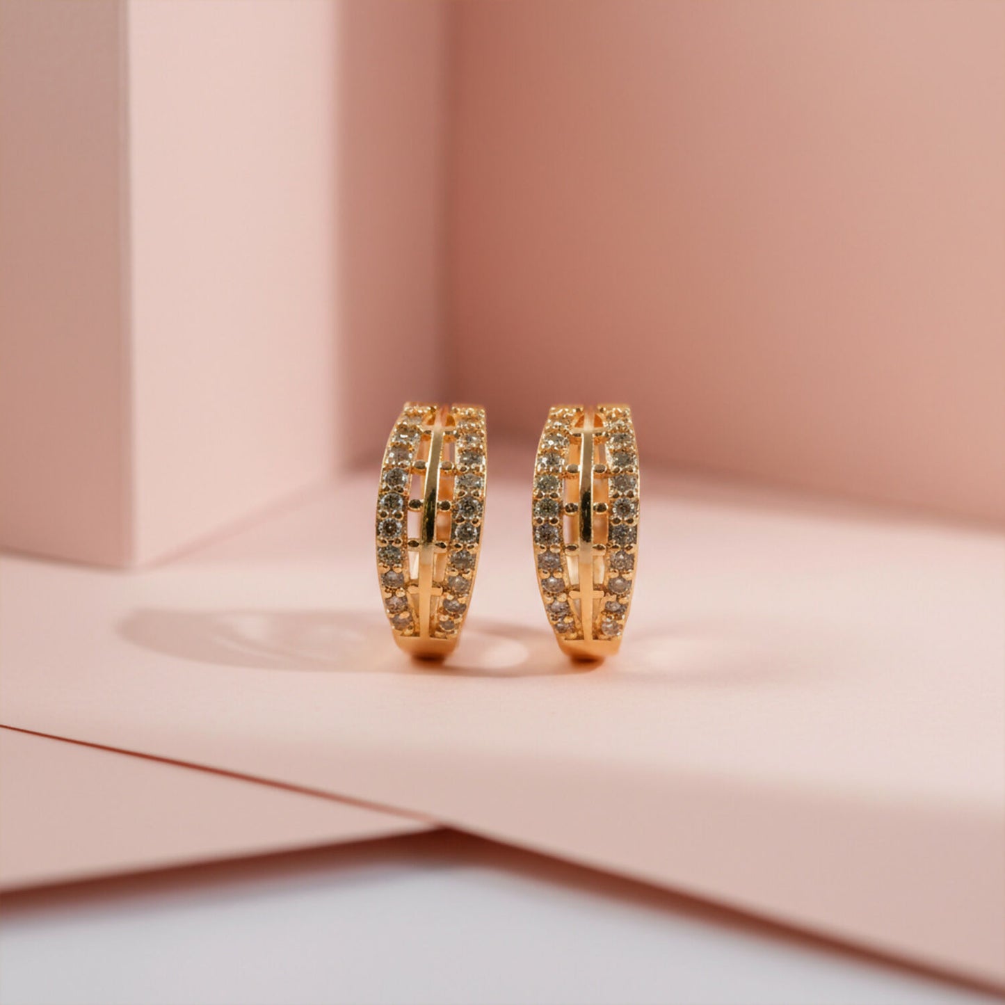 Elegant Gold Finish Double Line Stone Studded Hoop Earrings for Women