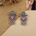 Antique Silver Tribal Dangle Earrings – Ethnic Design with Pink Accents
