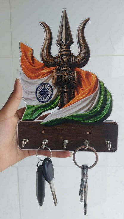 Angled view of decorative Trishul wooden key holder