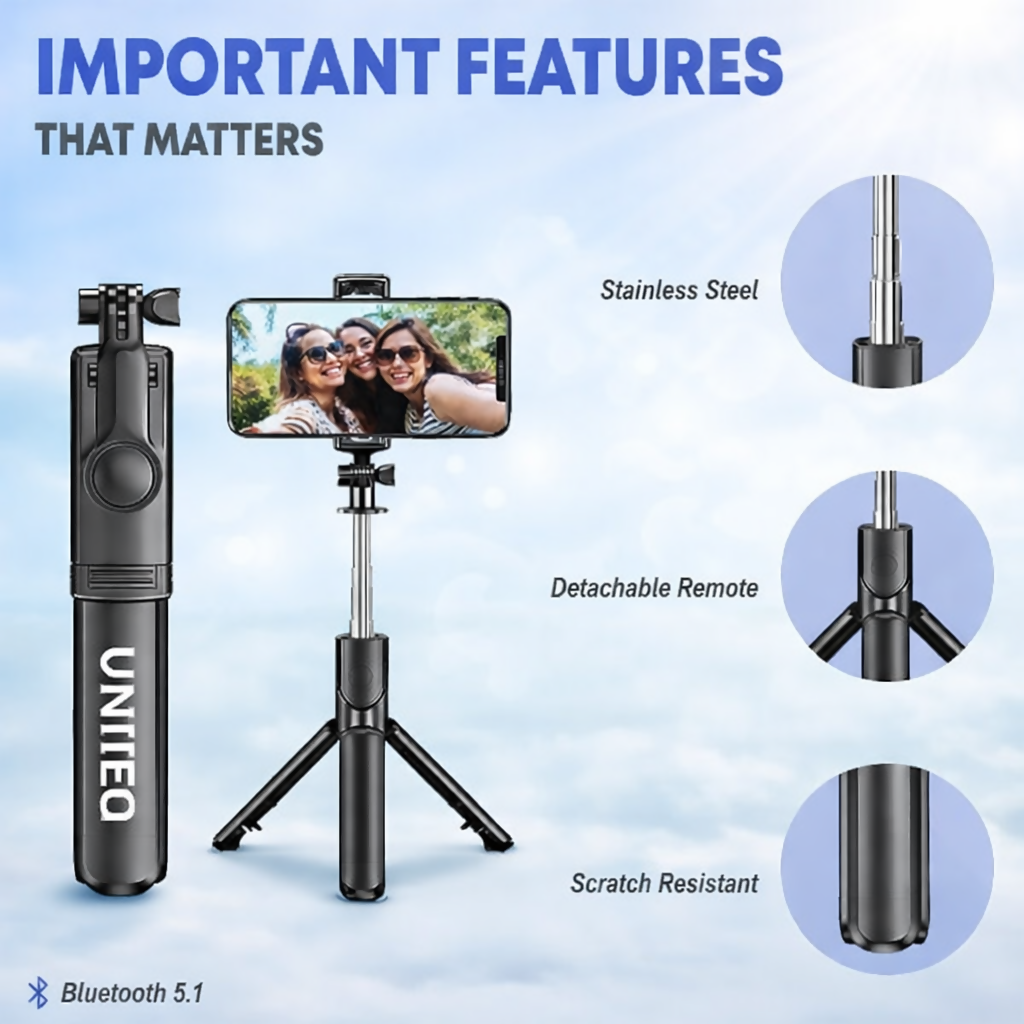 UNITEQ Snappro X1 Bluetooth Selfie Stick Tripod with Remote (Black)