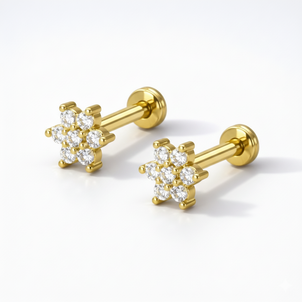 Close-up of the six-petal floral design on gold plated crystal flat back stud earrings