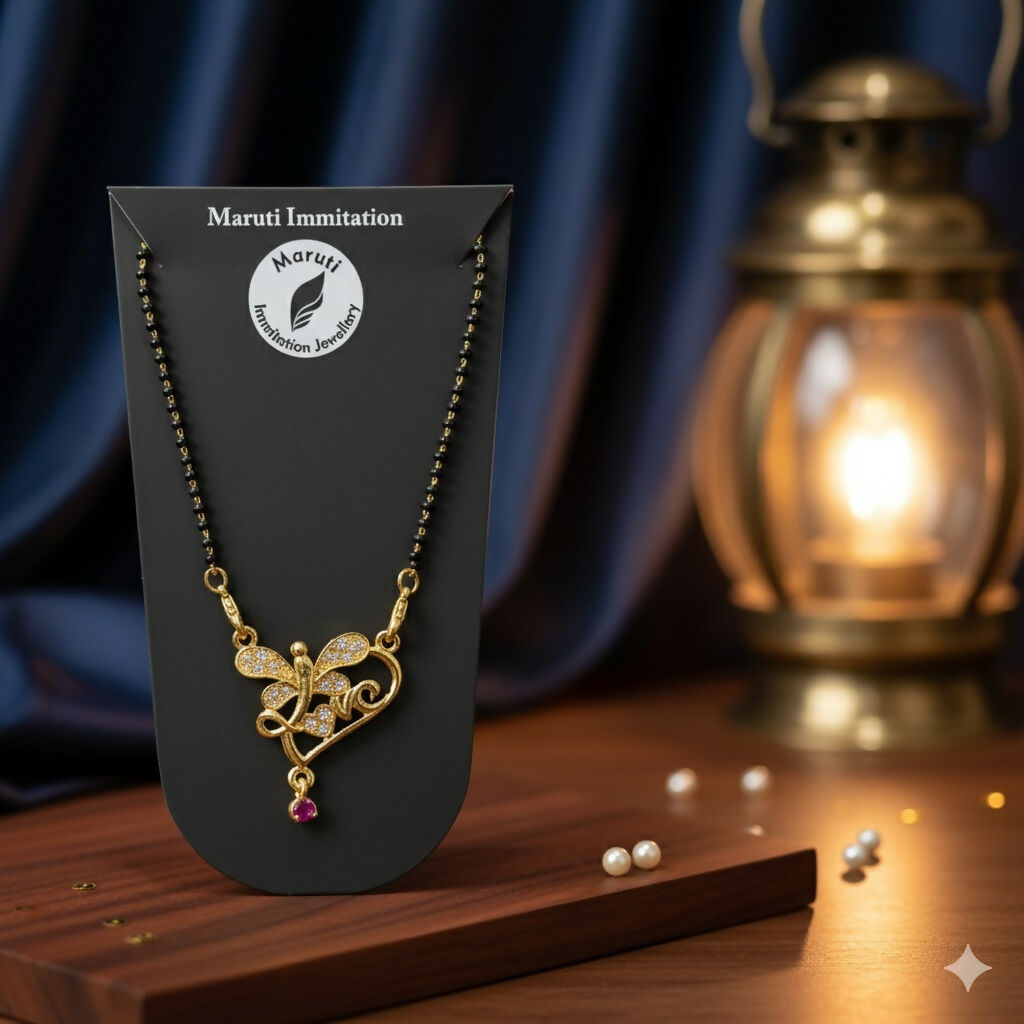 Butterfly Design Gold-Tone Mangalsutra with Sparkling Stones & Pink Dangler