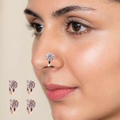 Rose Gold Pink/White CZ Floral Non-Pierced Clip-On Nose Pin Combo Pack of 4
