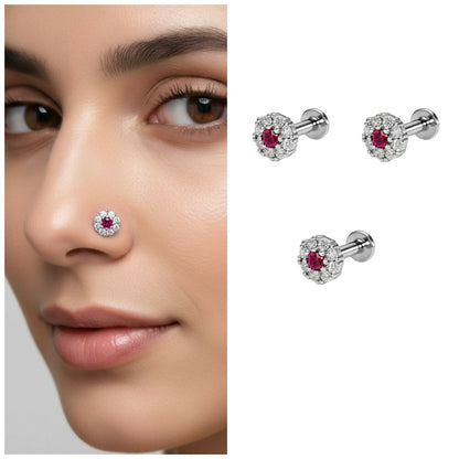 Silver Plated Ruby & Diamond Floral Halo Nose Stud girls Combo Pack of 3