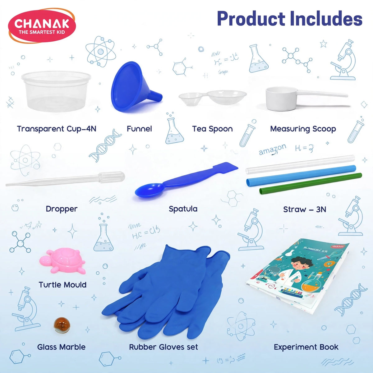 A graphic shows transparent cups, a funnel, spoons, a scoop, a dropper, a spatula, straws, a turtle mold, a glass marble,