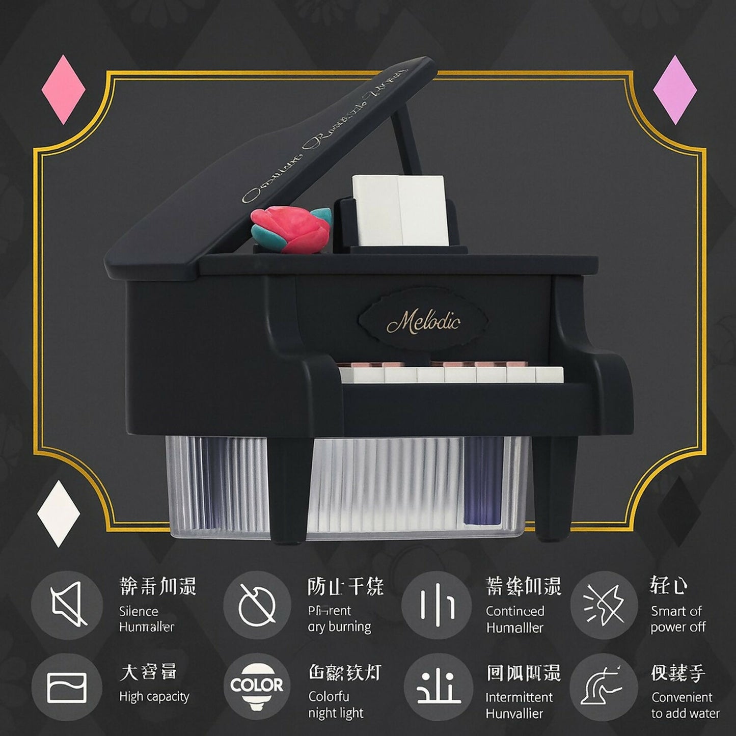 Mini Piano USB Humidifier with Night Light & Cool Mist for Home & Office