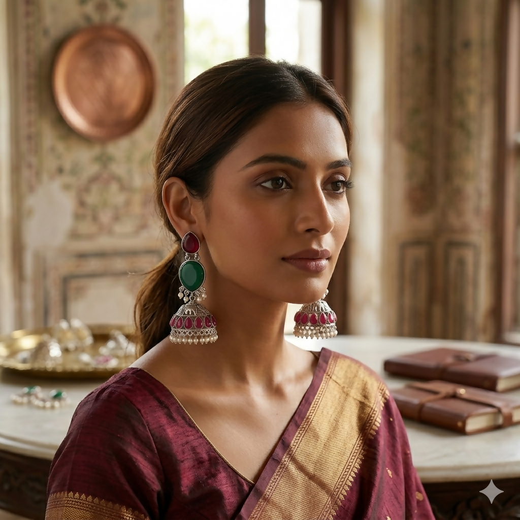 Pair of oxidised silver jhumka earrings with red & green stones on a white background