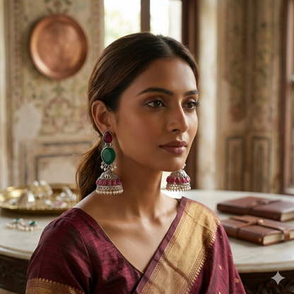 Pair of oxidised silver jhumka earrings with red & green stones on a white background