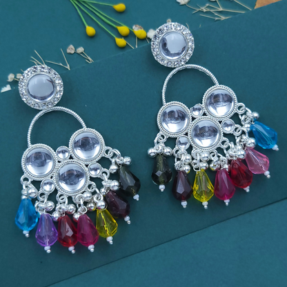 Kundan Colourfull Pearl Silver Plated Chandbali Earrings Agate Alloy Chandbali Earring