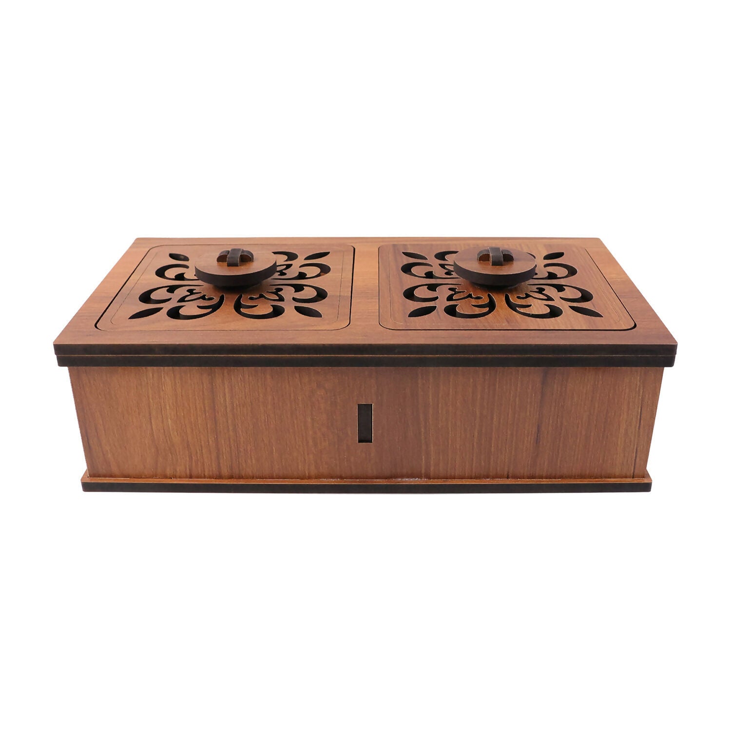 Wooden dry fruit box placed on a dining table with snacks inside