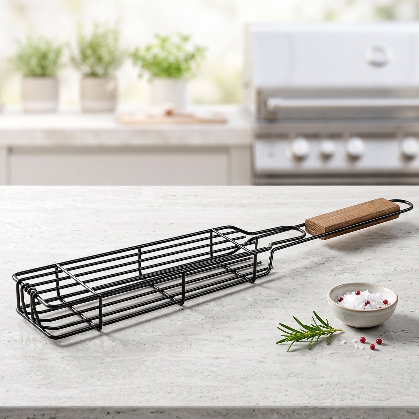 Metal Barbecue Grill Basket with Wooden Handle for BBQ Kebab Veggies (1 Set)
