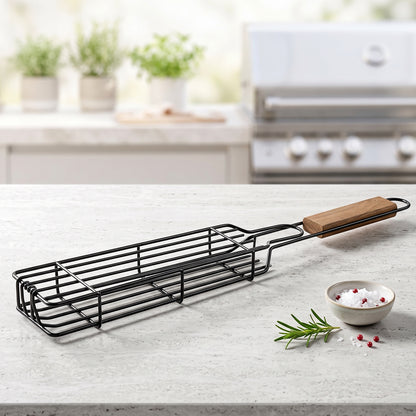Metal Barbecue Grill Basket with Wooden Handle for BBQ Kebab Veggies (1 Set)