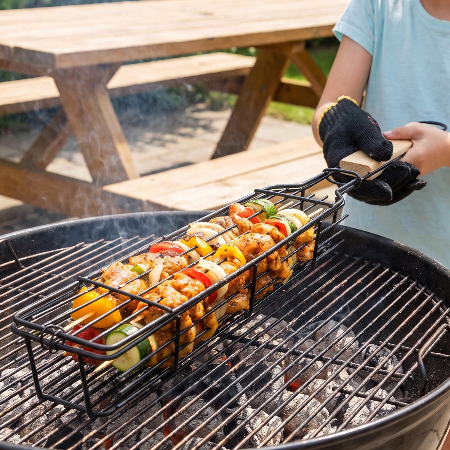 Metal Barbecue Grill Basket with Wooden Handle for BBQ Kebab Veggies (1 Set)
