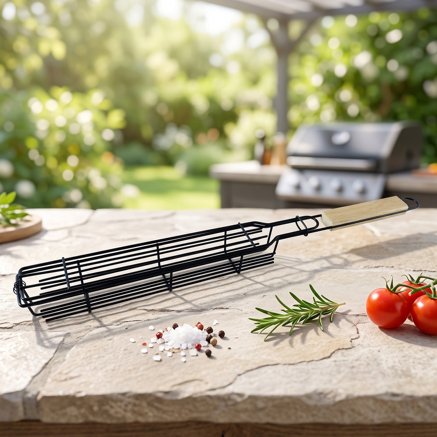Metal Barbecue Grill Basket with Wooden Handle for BBQ Kebab Veggies (1 Set)