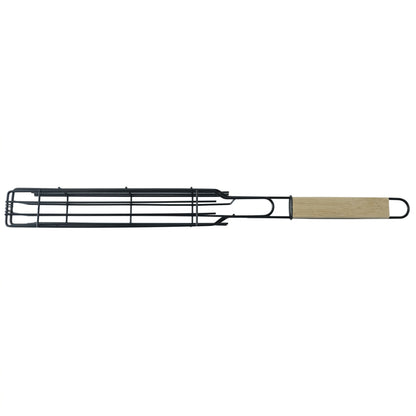 Metal Barbecue Grill Basket with Wooden Handle for BBQ Kebab Veggies (1 Set)