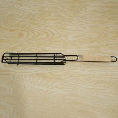 Metal Barbecue Grill Basket with Wooden Handle for BBQ Kebab Veggies (1 Set)