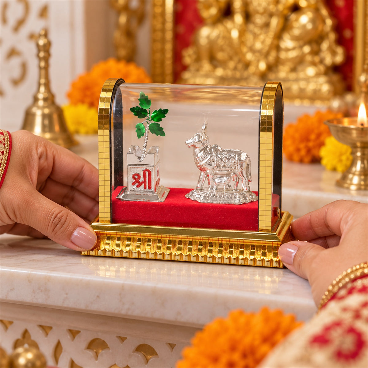 Kamdhenu Cow Idol Set – Silver-Plated Pooja Decor with Tulsi Plant