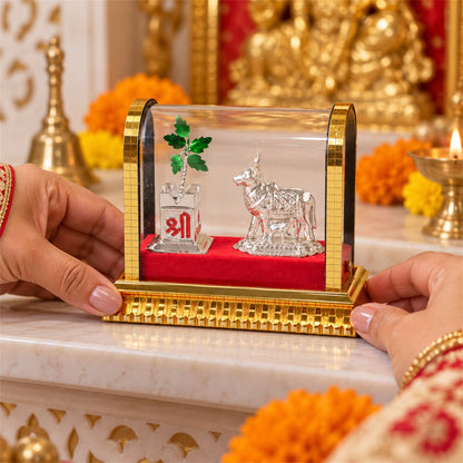 Kamdhenu Cow Idol Set – Silver-Plated Pooja Decor with Tulsi Plant