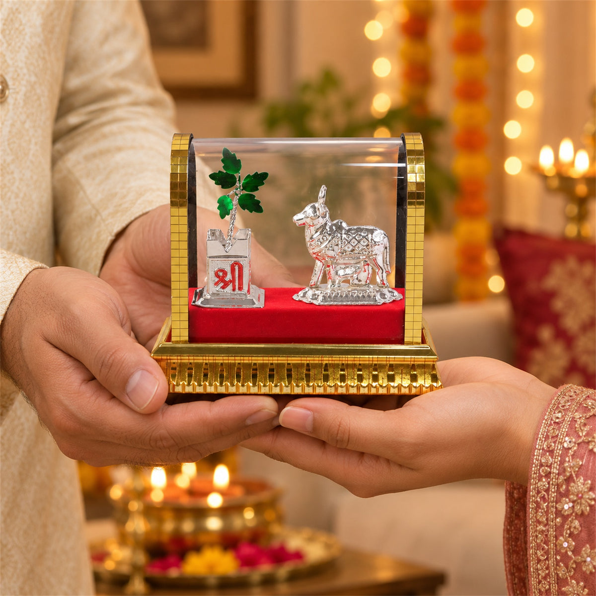 Kamdhenu Cow Idol Set – Silver-Plated Pooja Decor with Tulsi Plant